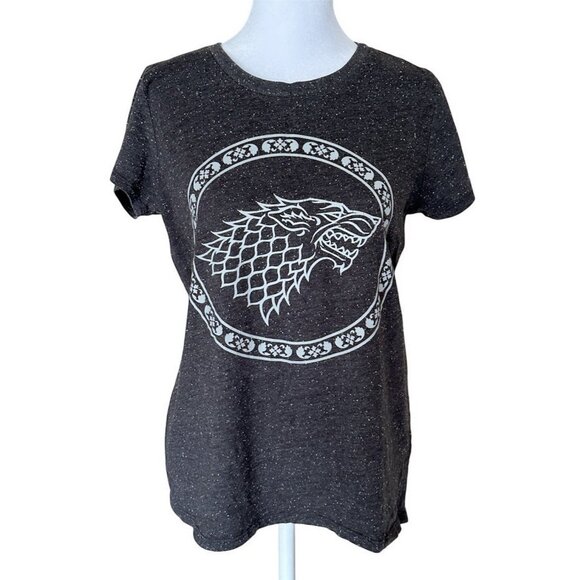 Game Of Thrones STARK HBO Womens T Shirt 2 Sided Gray Flecked Cap Sleeves Sz MED - Picture 1 of 7